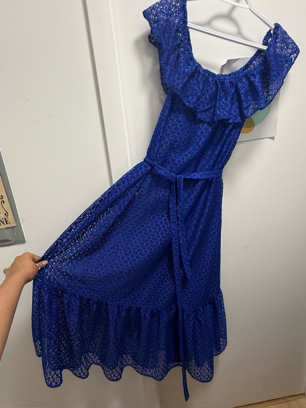 Wallis Cobalt Royal Blue Lace Off Shoulder Ruffle Dress UK 16 US 12 L or XL